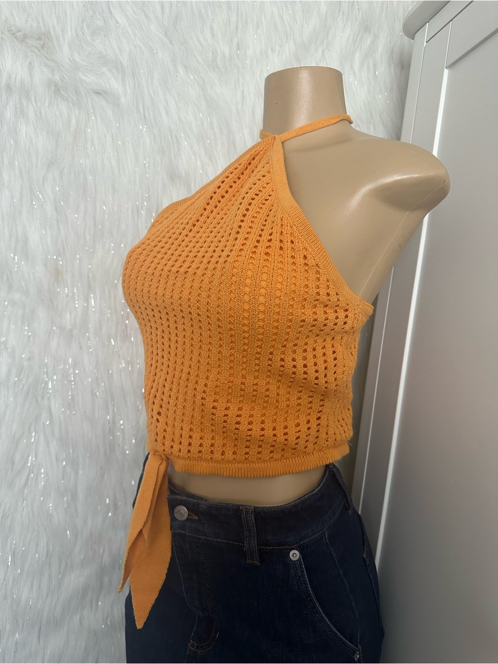 Guess Orange Halter Knit Tie-Front Crop Top